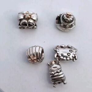 Lot of 5 Sterling Silver PANDORA Charms Beads All with Gold Accents